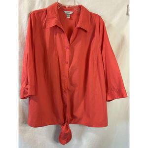 CJ Banks Coral Button Front Tie Blouse Shirt 2X Shirt XXL Summer Travel Cruise